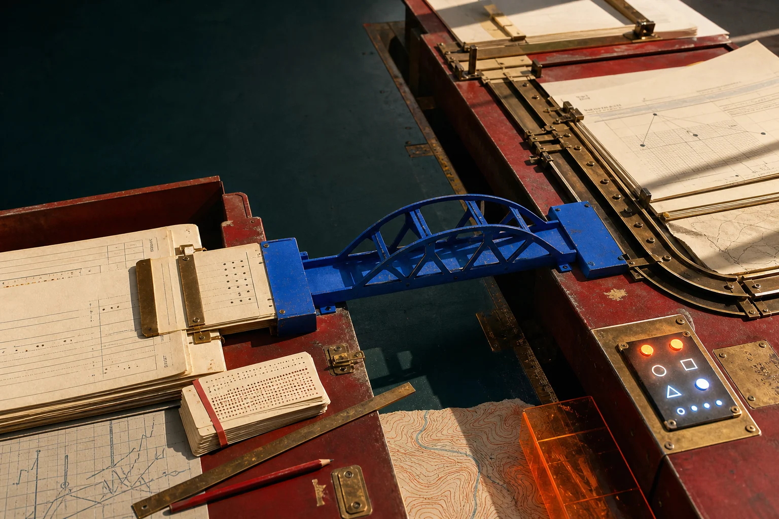 A handcrafted systems workbench where a blue metal bridge connects paper records to an operational machine