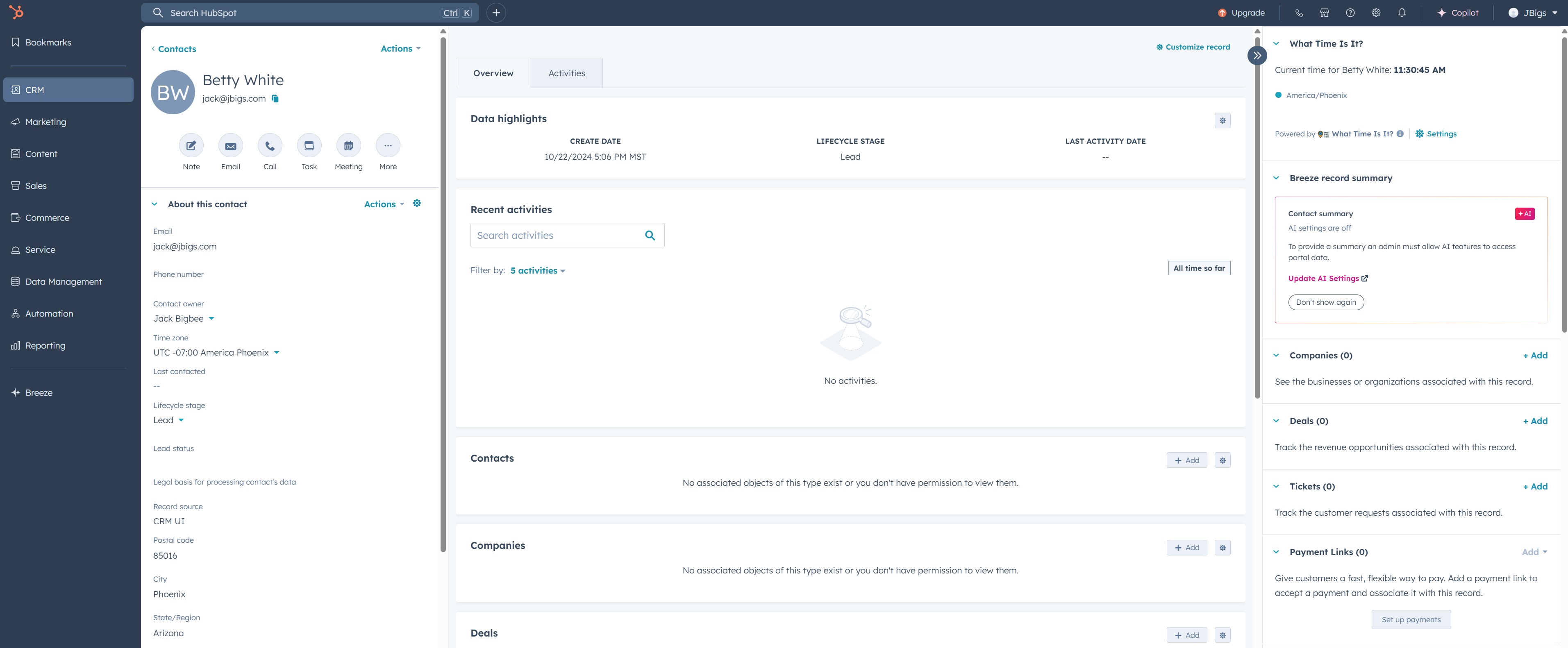 HubSpot CRM screenshot showing the What Time Is It? card